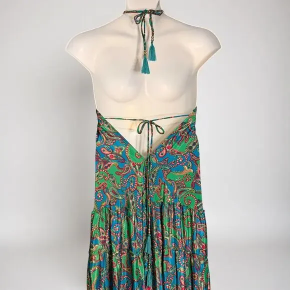 Just Cruising Boho Paisley Halter Maxi Dress Green Pink Tiered Festival One Size - Picture 6 of 6